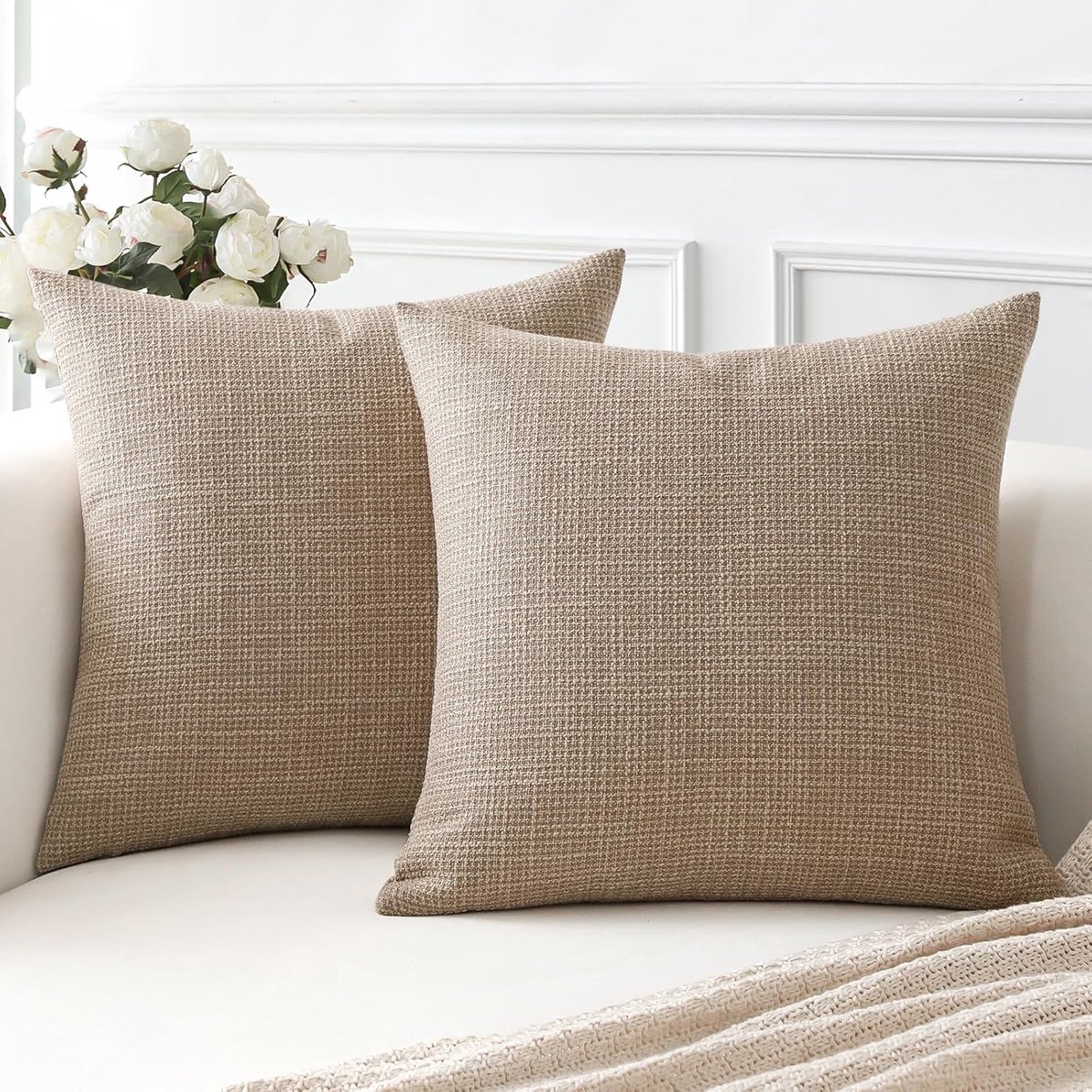SnelShoppen - Set van 2 Decoratieve Kussenslopen 40x40 cm Lichtbruin Polyester Linnen voor Sofa, Slaapkamer, Auto, Modern en Comfortabel
