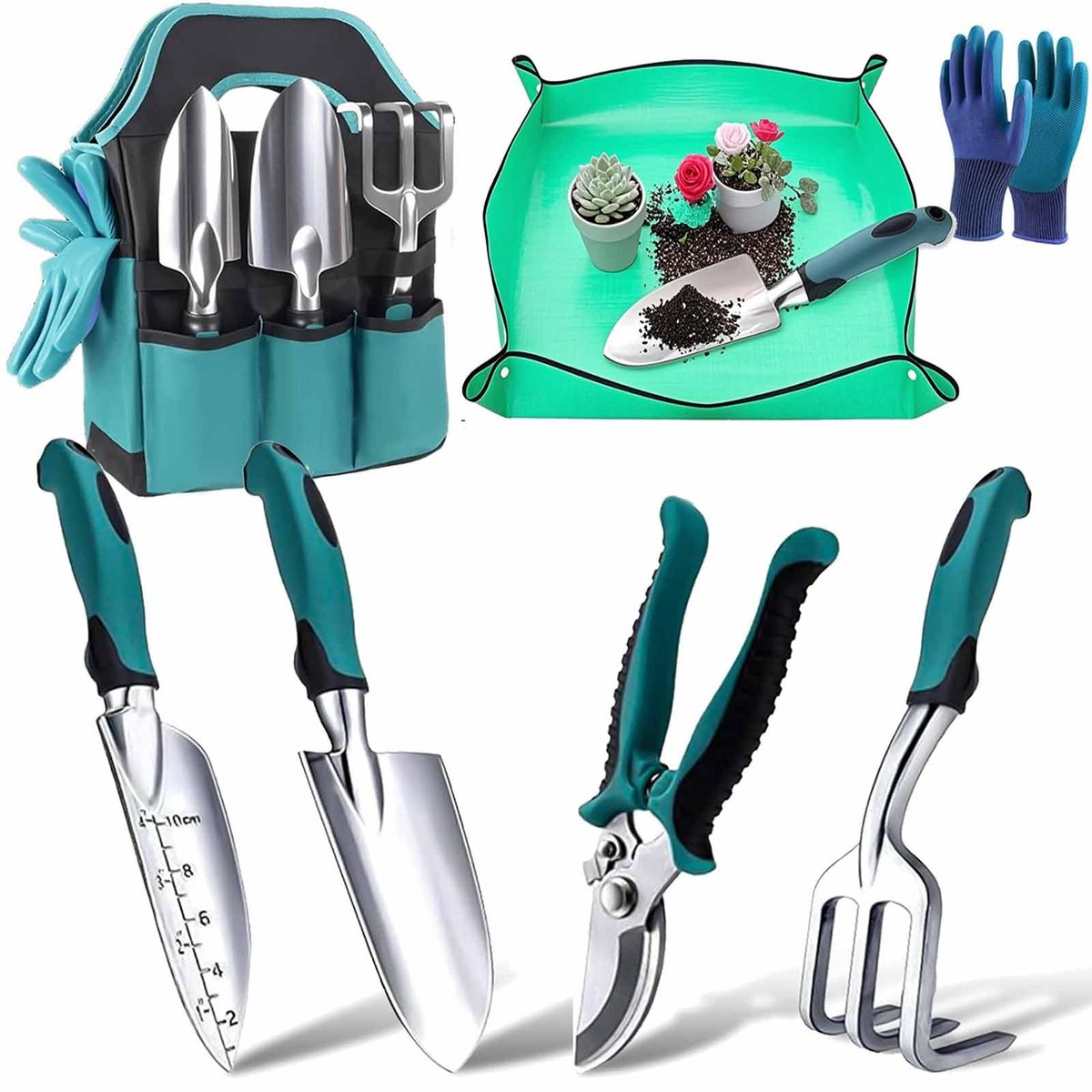 SnelShoppen - 7-delige Tuingereedschapset - Lichtgewicht Aluminiumlegering - Roestbestendig - Ergonomische Antisliphandgreep - Duurzame Opbergtas - Id