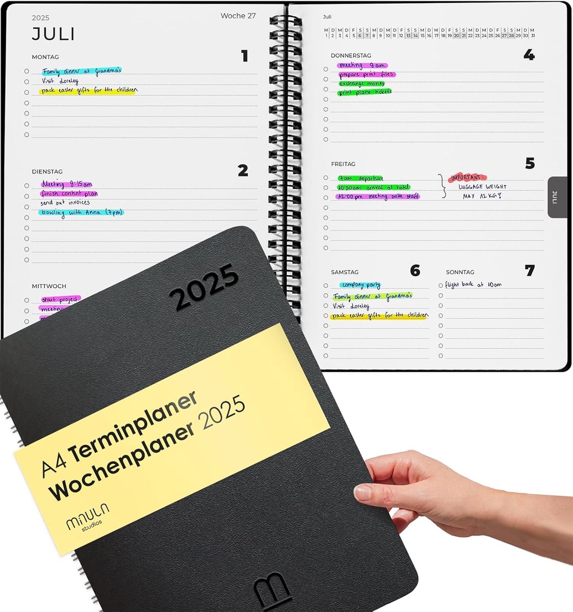 SnelShoppen - A4 Kalender 2025 - Minimalistische Planner - Elegant Zwart Softcover - Organiseer je Agenda - Weekplanner - Afspraak Kalender - Efficiën