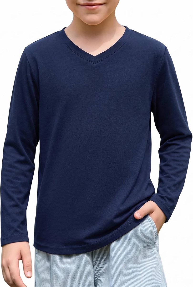 T-shirt van katoen voor kinderen, lange mouwen, V-hals