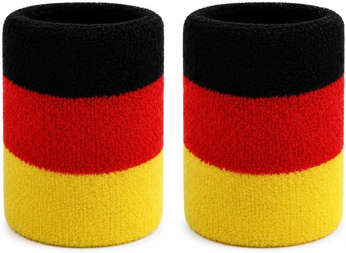 2 stuks Duitsland zweetbanden, fanarmband in zwart-rood-goud; zweetabsorberende sportarmband; uniseks model; geschikt voor voetbalwedstrijden en sportevenementen.