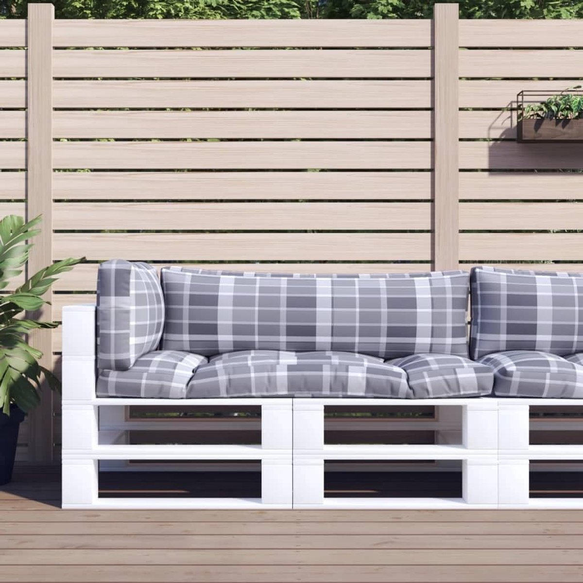 3-delig grijs ruitpatroon polyester – outdoor zitkussen voor pallets met holle vezelvulling, waterdicht tuinkussen voor meubels