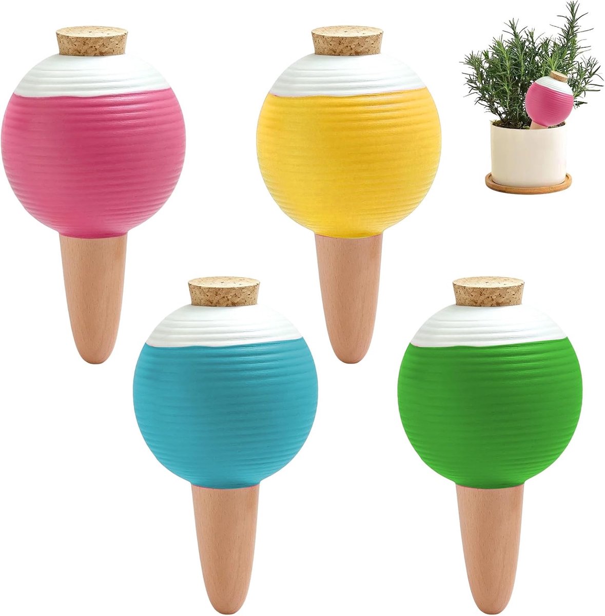 Bewateringsstaven voor planten, automatische plantenbewateringsballetjes, 430 ml waterdispenser met kurkstop voor potplanten, zelfbewaterende spikes (gekleurd)