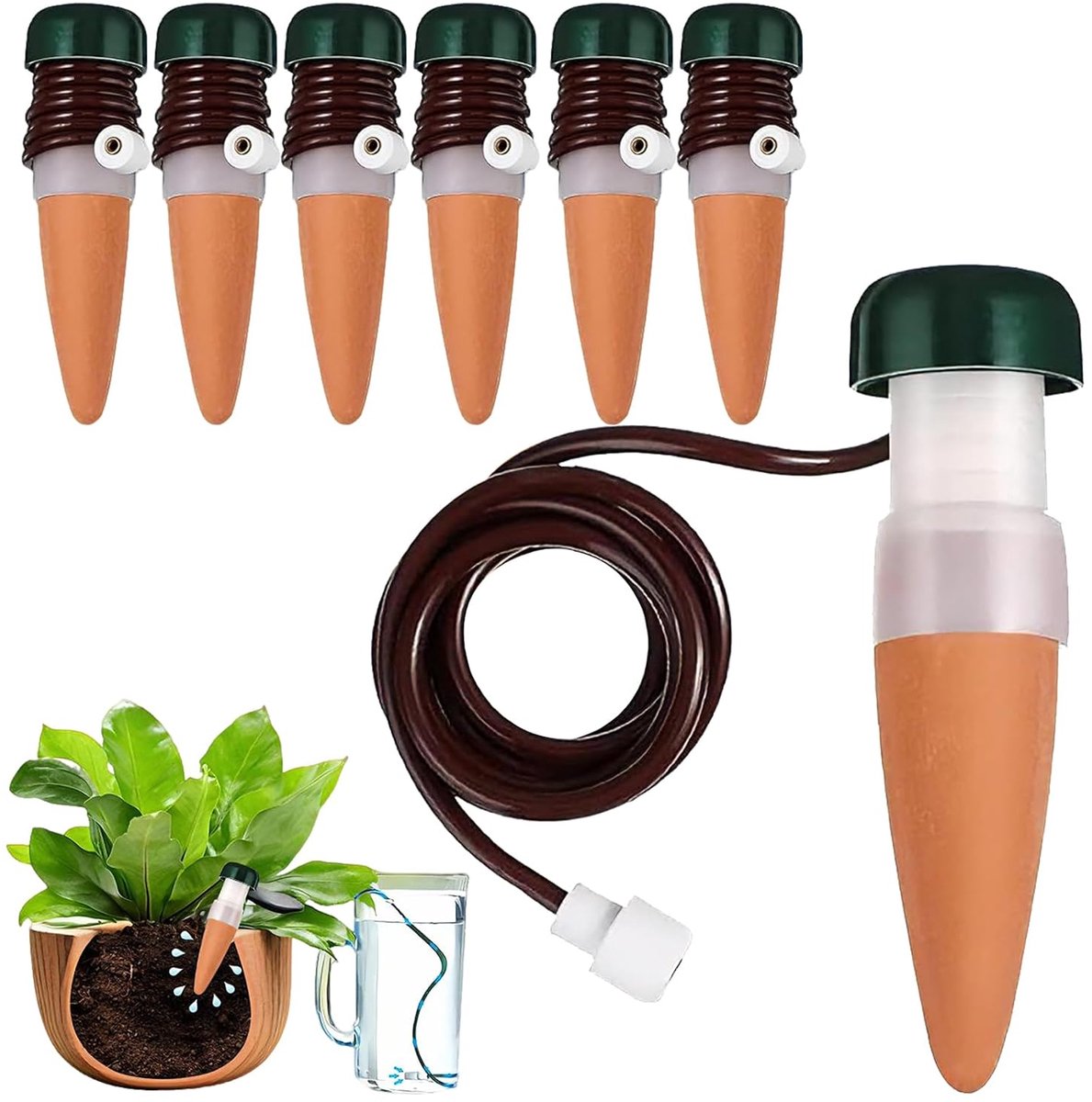 Irrigatie waterdispenser, plantenirrigator met slang, kleikegel voor irrigatie van bloemen, voor potplanten, balkon en kamerplanten (6 stuks)
