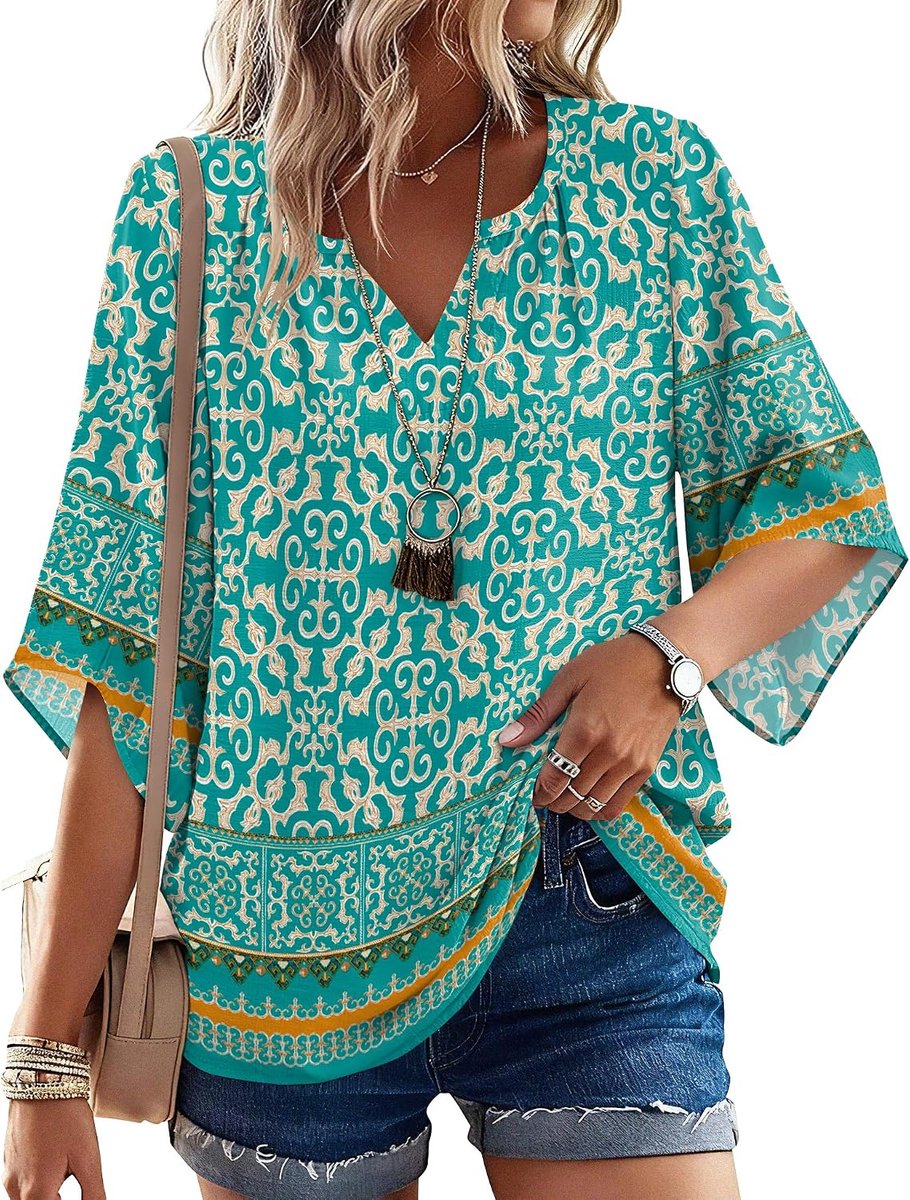 IWoo Dames tuniek blouse 3/4 mouwen V-hals losse snit