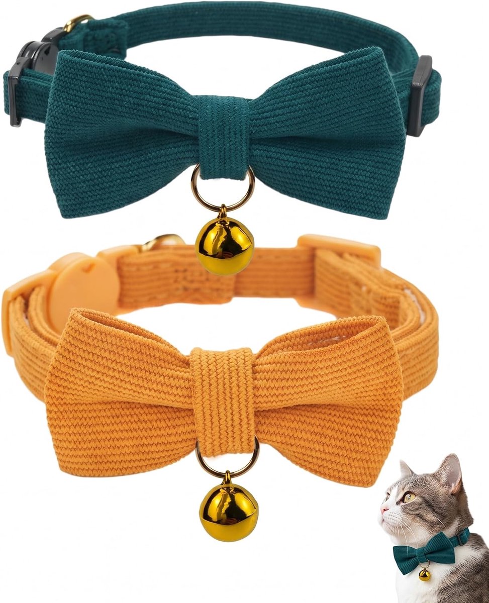 Kattenhalsband van geribbeld fluweel, 2 stuks, zacht met belletje en strik, veiligheidsgesp Safety Break ter voorkoming van verstikking