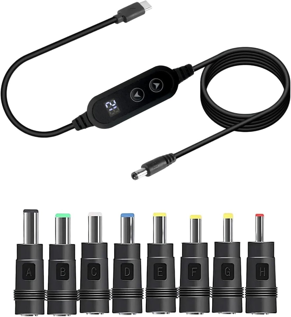 USB naar DC voedingskabel 5.5 x 2.1 mm – instelbare spanning 5 V/9 V/12 V/15 V/20 V, inclusief 8 DC connectors, geschikt voor universele oplader voor laptops, routers en andere apparaten (1.2 m)