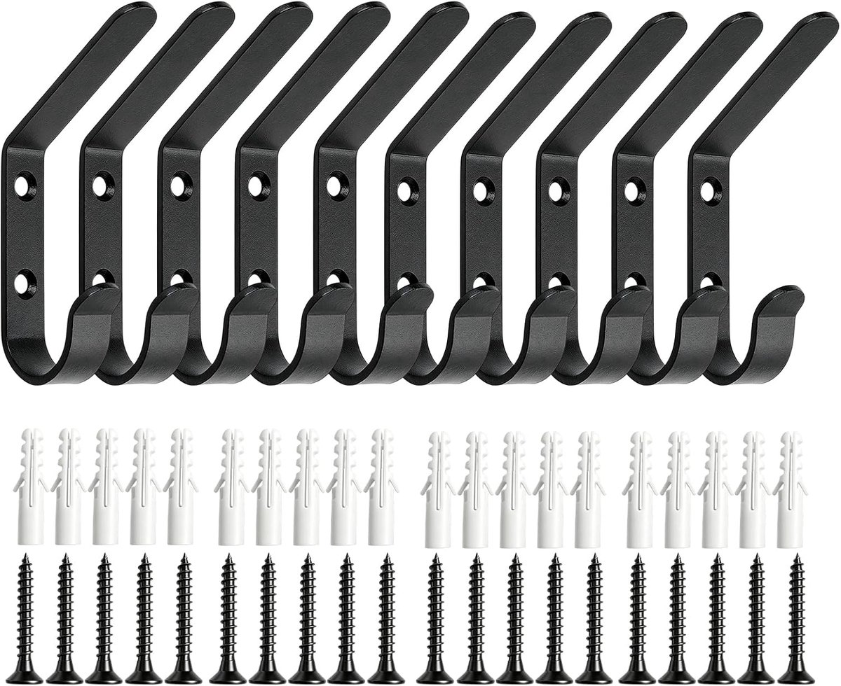 10 stuks kledinghaken om te schroeven, kapstokhaken, zwart, 9,4 cm