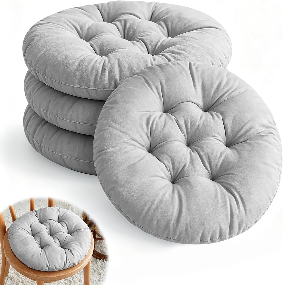 Set van 4 ronde stoelkussens, 40 cm, rond zitkussen, gevuld zitkussen, zachte kussens, zacht zitkussen met parelkatoenen vulling voor tuinstoelen, eetkamer, machinewasbaar (lichtgrijs)