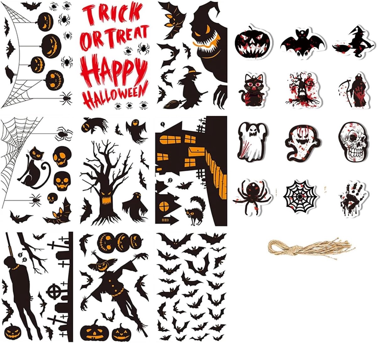 Raamstickers voor Halloween, 9 vellen, 20 x 30 cm, dubbelzijdige raamstickers, met 12 hangers van papier met griezelige motieven, vleermuizen en pompoen, decoraties voor Halloween-ramen