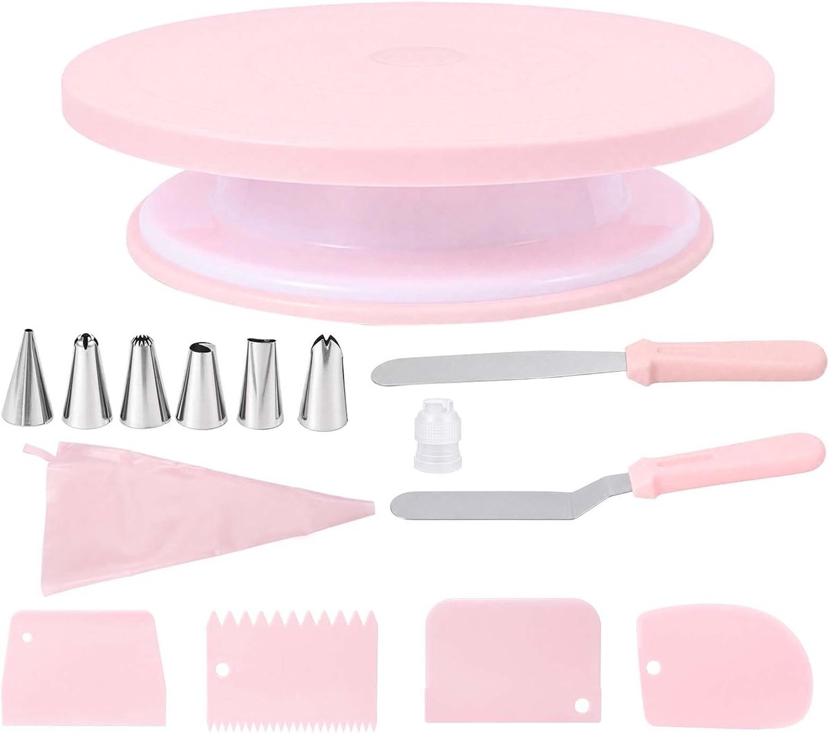 Taartdecoratieset met draaibare plaat, set PP stabiel met spatel, schraper, spuitzak, spuitmonden voor glazuur, gladmaken, verfraaien van desserts, keuken, huis, bakkerij