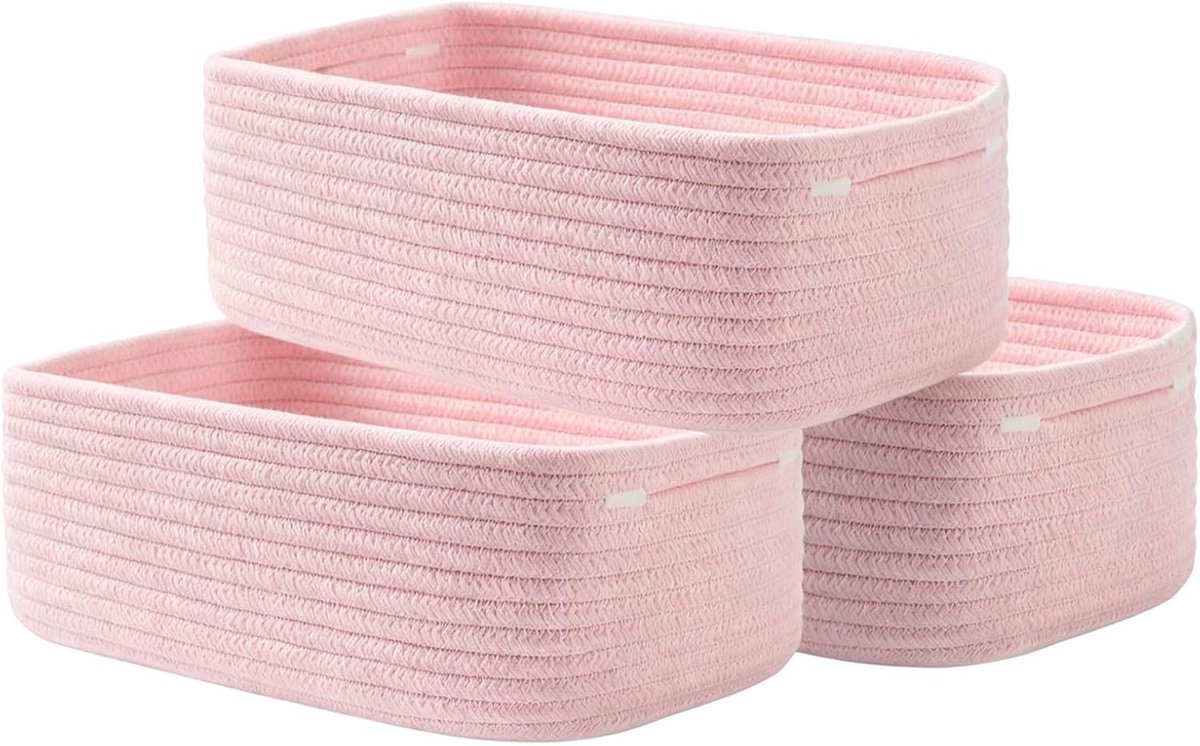 Set van 3 gevlochten katoenen touw, opbergmanden met handgrepen, opvouwbaar, stapelbaar, van veilig natuurlijk materiaal, voor badkamer, kinderkamer en woonkamer, roze