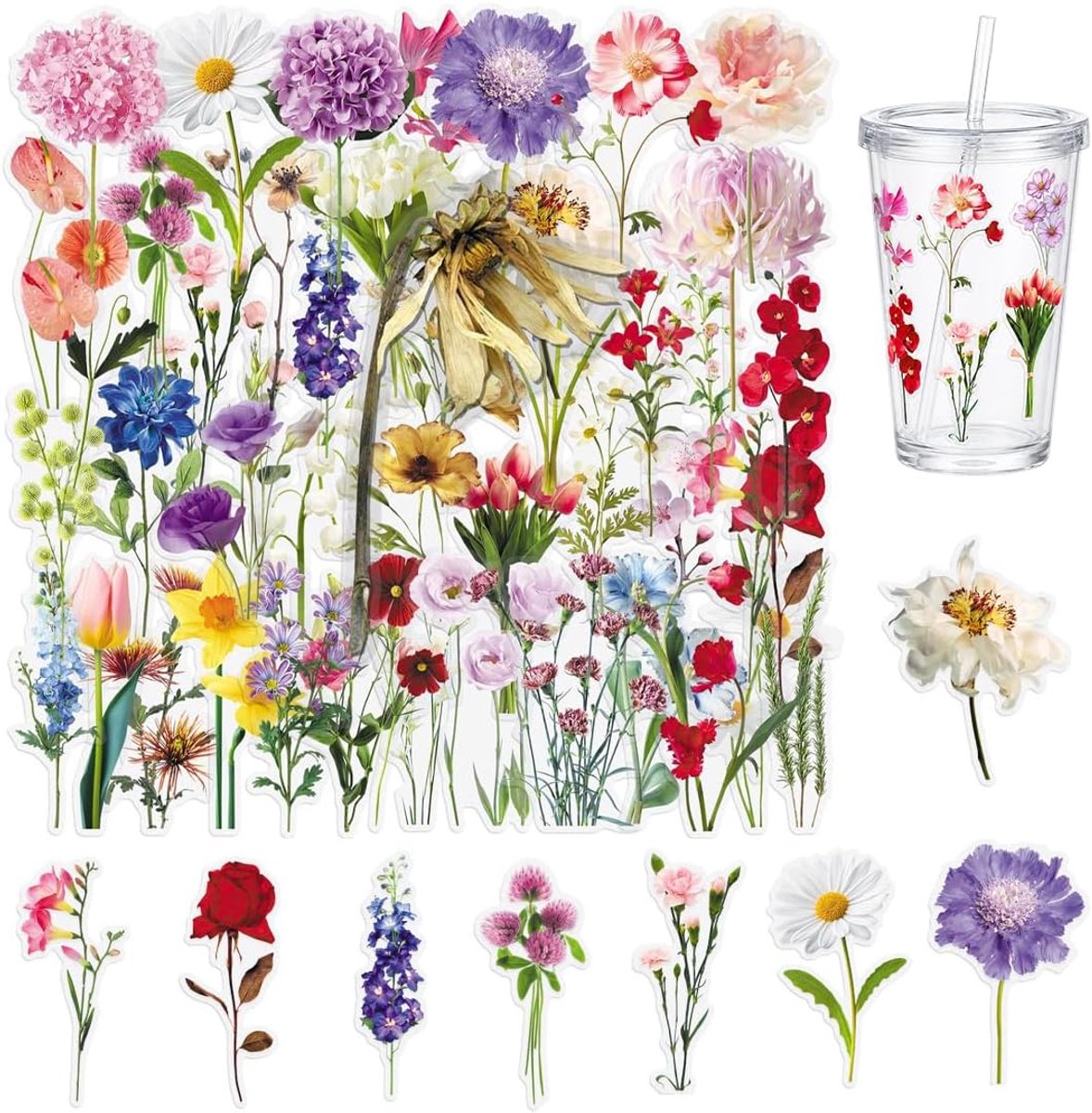 50 Stuks Rub on sticker, Rub on sticker zomer, Wildbloemen 3D Patroon Rub on sticker, Waterdicht, Glas, Handwerk, Meubels, DIY knutselen, Decoratie voor knutselpot