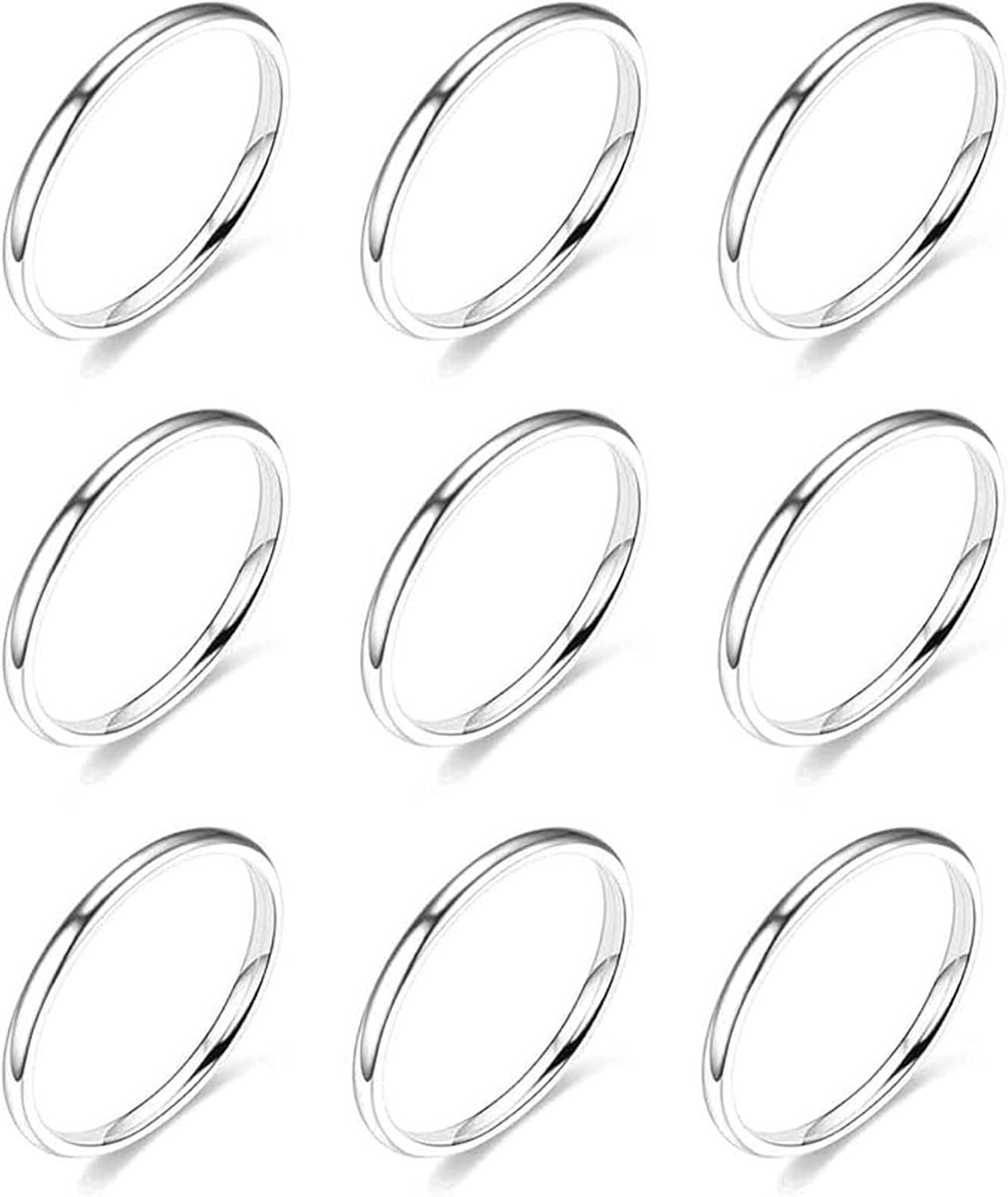 Ringen voor dames, zilveren ring dames roestvrij staal, 2 mm minimalistische dunne ringen set vrouwen duimring vingerring pinky ring stapelringen dames, mode vriendschapsring, eenvoudig