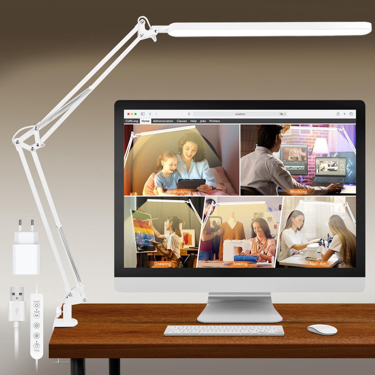 Verstelbare LED bureaulamp met klem, 5 kleuren en 11 helderheidsniveaus, dimbaar en oogbeschermend met geheugenfunctie