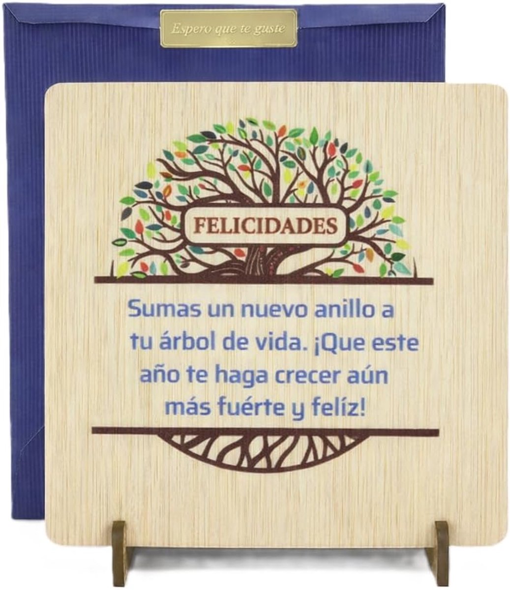 Wenskaart van hout met standaard, origineel cadeau voor verjaardagen en jubilea, decoratieve plaat met citaat, handgemaakt in Spanje (UADRADA ARBOL)