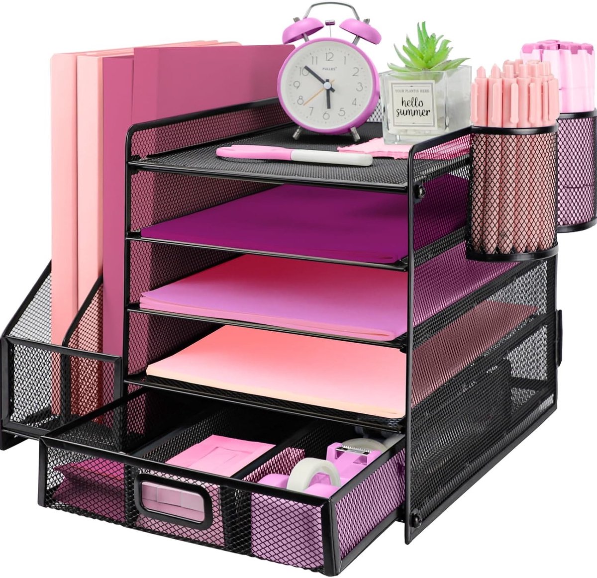 Multifunctionele bureau-organizer met tijdschriftenhouder, 5-laags papierbak en lade, ideaal voor kantoor, school en thuis - Zwart