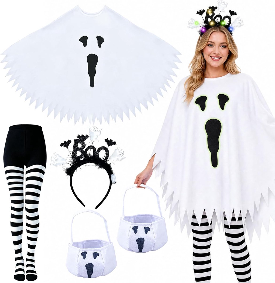 Halloweenkostuum voor dames, 4-delig geestkostuum voor dames, wit