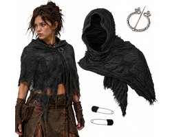 Sjaal, 185 x 52 cm, middeleeuwse sjaal voor dames, met broche, schoudercape, lange sjaal, geschikt voor cosplay, Halloween, Kerstmis en andere gelegenheden