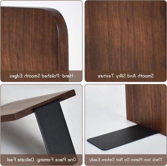Set van 2 houten boekensteunen met metalen basis - Decoratief, stevig en antislip voor boeken, cd's en planken - Inclusief 10 boekenleggers — afbeelding 2