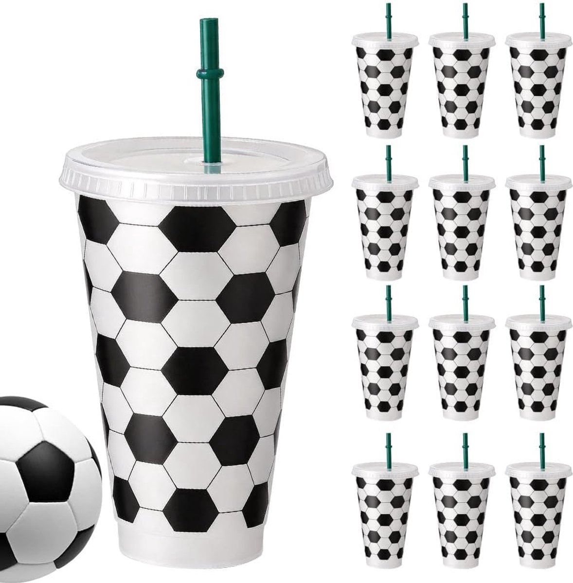 DASIAUTOEM Set van 12 voetbalbekers, deksel en rietje, herbruikbare plastic drinkbeker voor feestjes, kinderveilig, BPA-vrij, vaatwasmachinebestendig