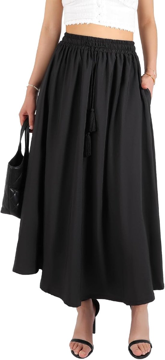 Women's Long Skirt with Pockets and Adjustable Drawstring Bohemian Skirt Summer Leisure Beach Party Skirt - ShopVlot