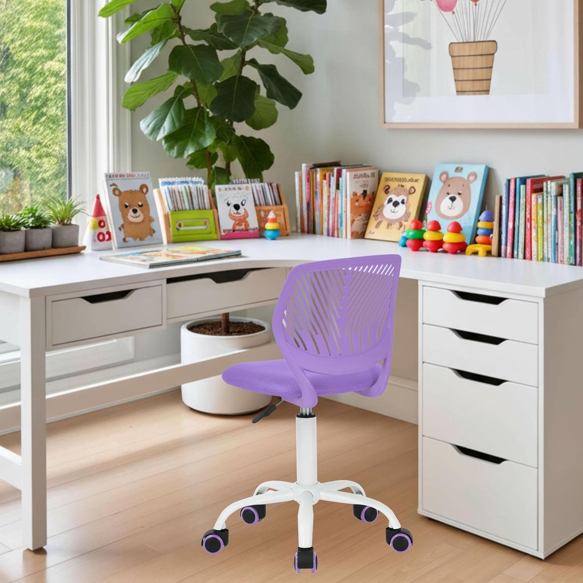 SnelShoppen - Kinderen Ergonomische Stoel Hoogteverstelbaar voor Bureau, Kleurige Jeugdstoel met Rugleuning en Armleuningen, Draaistoel met 5 Wielen v