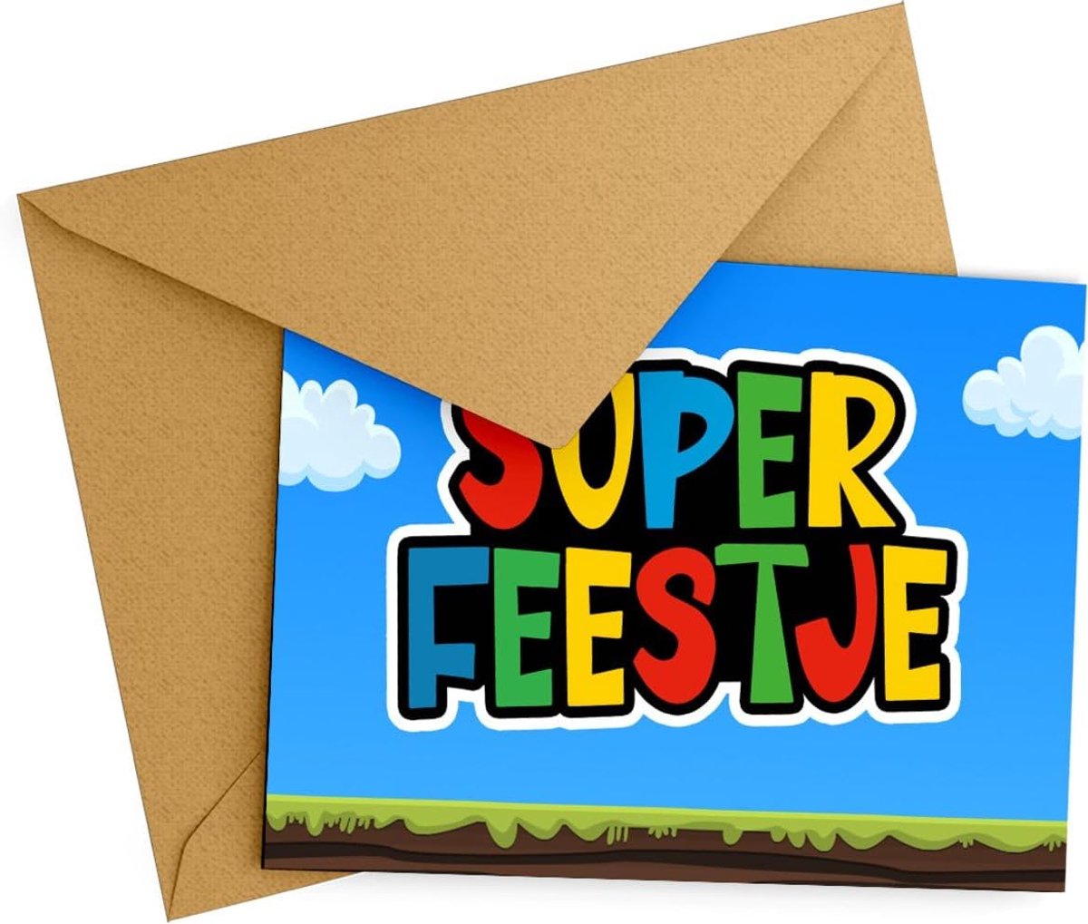 SnelShoppen - Uitnodiging Kinderfeestje - 10 Kaarten + Enveloppen - Beschrijfbare Verjaardagskaarten - Super Feestje Thema - Vrolijke Feestuitnodiging