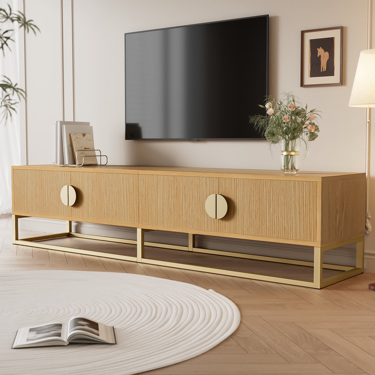 WUVRIE TV-meubel 180 x 40 x 40 cm - 4 deuren met soft-close - Houtkleur met goudkleurige details