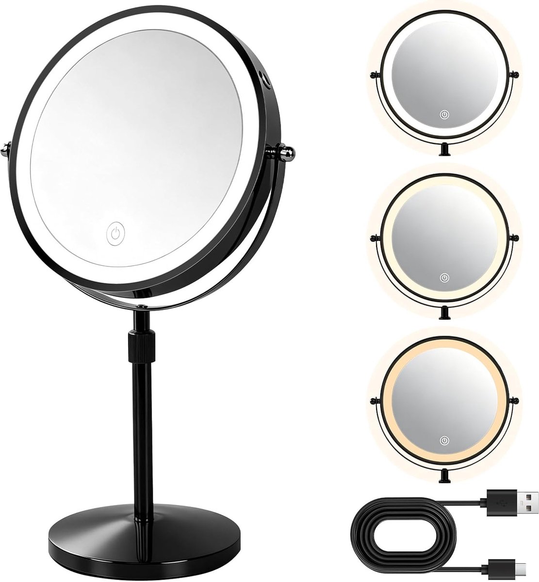 SnelShoppen - 8 inch make-upspiegel met verlichting, 1X/10X vergroting, hoogte verstelbare verlichte spiegels, 3 kleurmodi, 360° rotatie, zwart
