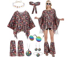 FORMIZON Women's Hippie Costume Set, 7-Piece Hippie Costume Set, Hippie Cape, Earrings, Necklace, Sunglasses - ShopVlot