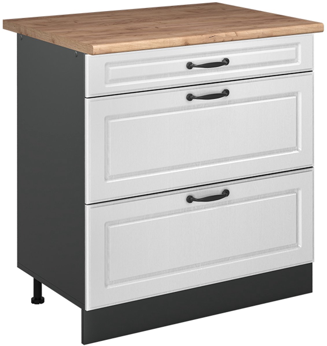 Vicco Keukenonderkast R-Line, Wit landelijk/Antraciet, 80 cm met 3 laden goudkleurig eiken werkblad