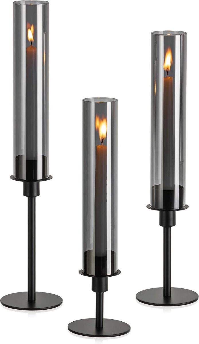Kaarsenhouder Lantaarn Zwart met Rookglas: 3-delige Set Moderne Kaarsenhouder van Metaal voor Stafkaarsen - Stijlvolle Tafeldecoratie voor Buiten Woonkamer Kerstmis