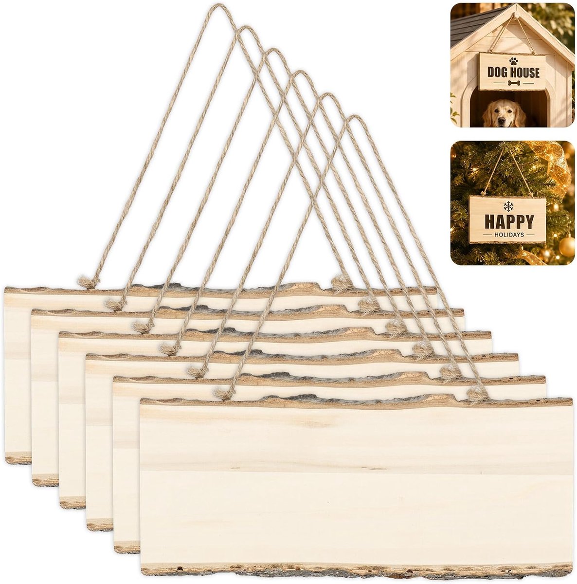 6 stuks houten borden om op te schrijven, hangend houten bord, 25 cm, deurbord, houten rechthoekige houten platen om op te hangen, houten planken met touw voor doe-het-zelf brandschilderen, café, bar