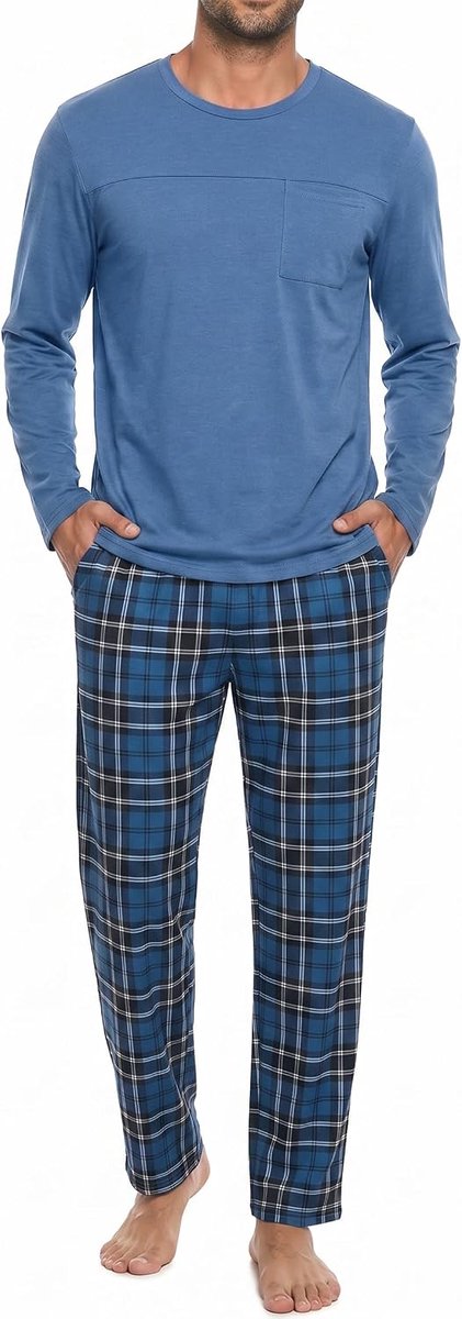 Herenpyjama met ronde hals en geruite broek