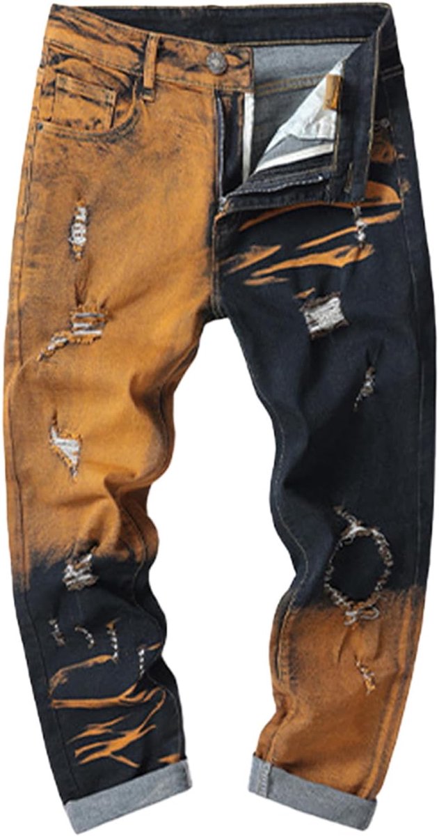 Jeans voor heren, contrasterende naden, skinny fit, versleten effect en unieke textuur, voor een casual look, Geel, 30