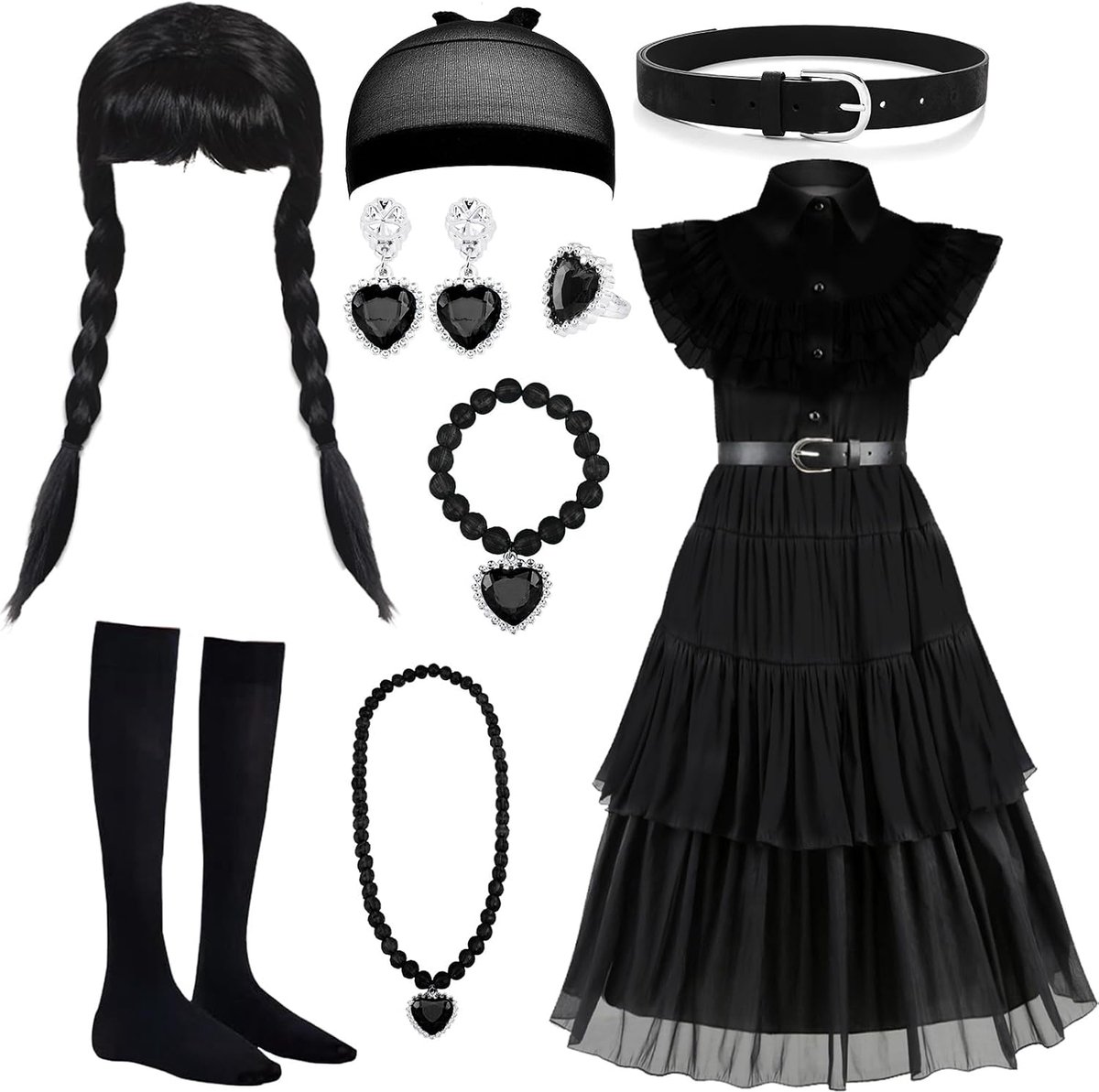 Halloweenkostuum voor kinderen, meisjes, 8 stuks, Halloween-kostuumjurk voor meisjes met pruik en sieradenaccessoires, Halloweenkostuum kinderen voor verjaardag, Halloween, carnaval, cosplay