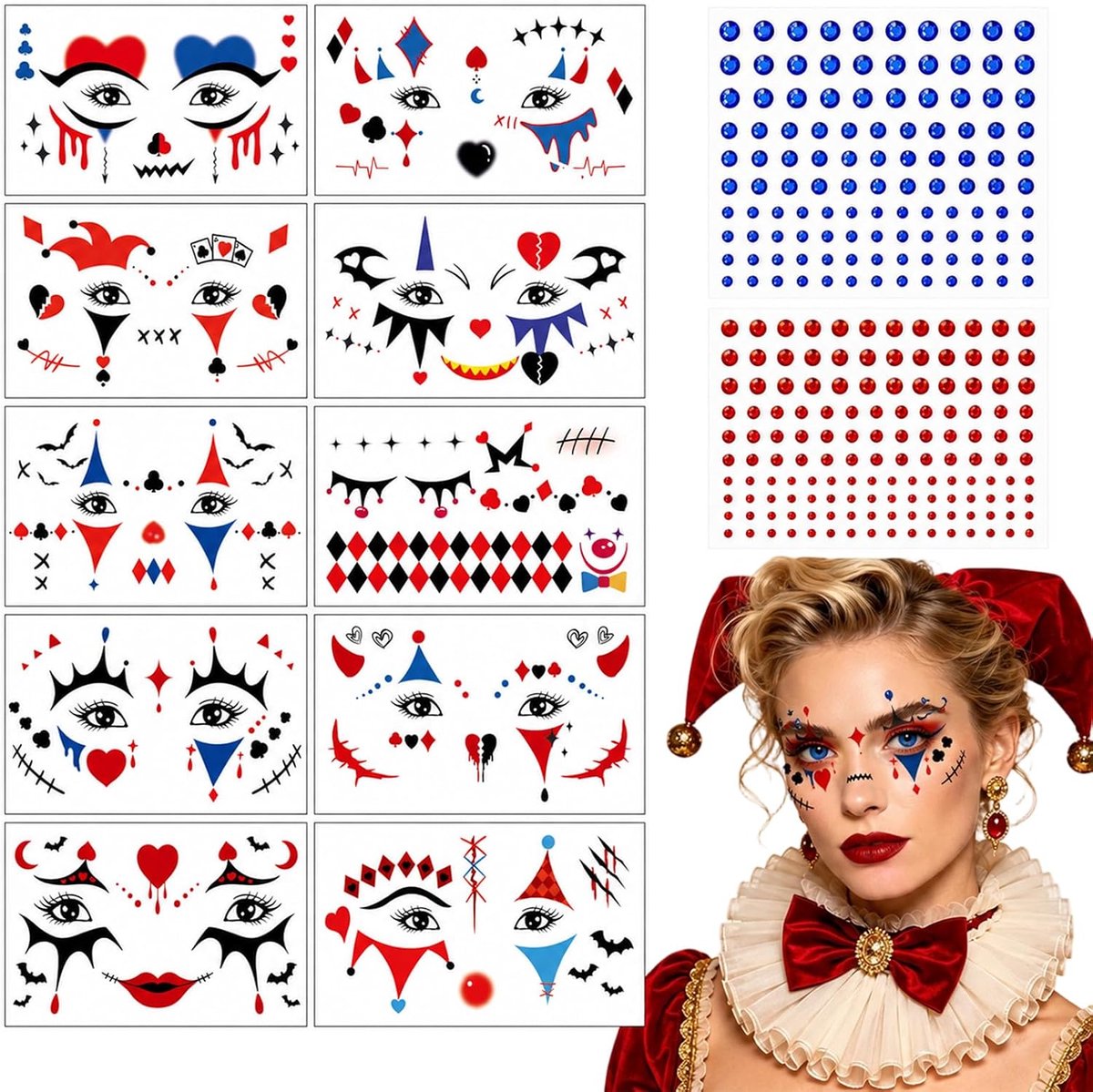 10 vellen clown-gezichtsstickers met strassteentjes, Halloween-decoratie voor carnaval en kostuumfeesten, geschikt voor vrouwen en mannen, eenvoudig te plakken en duurzaam