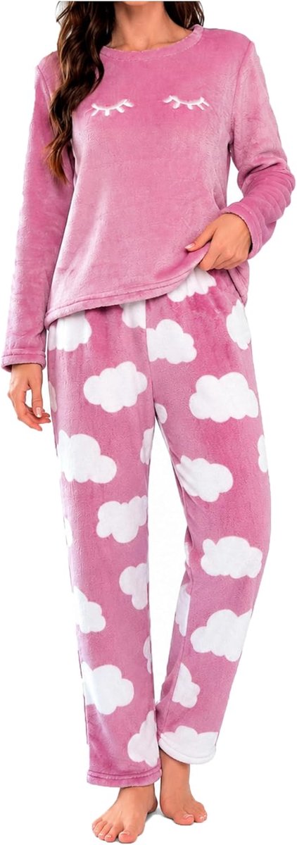 Pyjama voor dames, warme pyjamaset, fleece, winter, nachtkleding