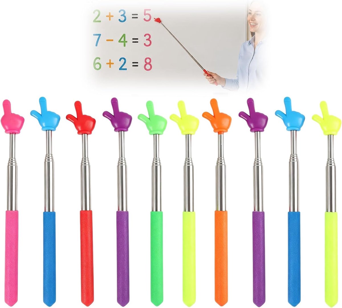 Image of 10 stuks uittrekbare wijsstokken voor leraren, telescopische vingerwijzers van roestvrij staal, educatief hulpmiddel geschikt voor klaslokalen en presentaties, meerkleurig