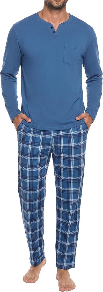 Henley geruite loungenachtkleding met lange mouwen