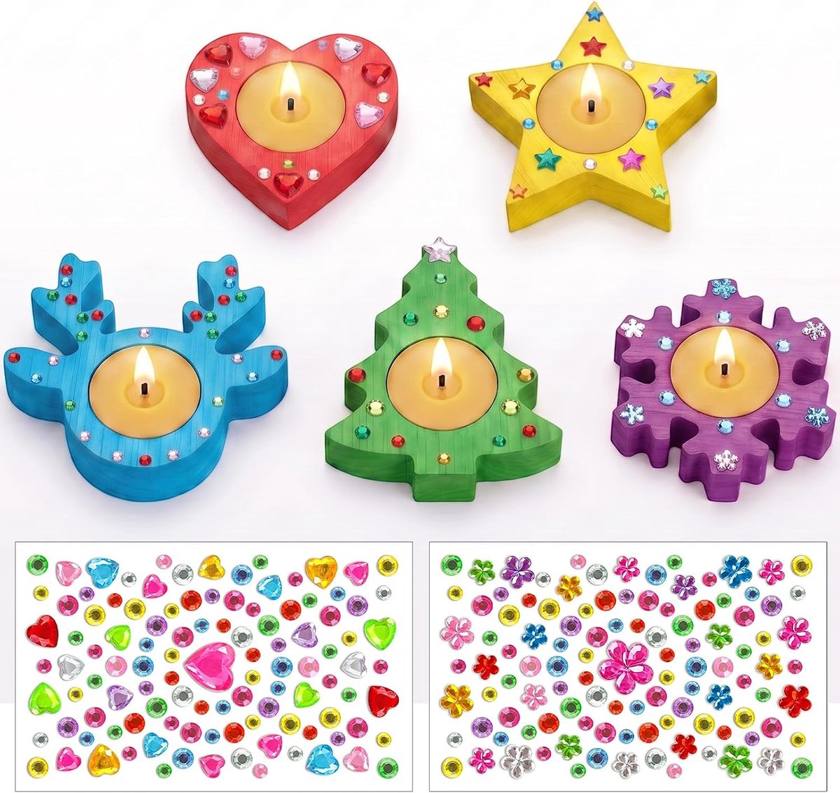 Kerstmis – 5 houten theelichthouders Kerstmis & 2 stickers