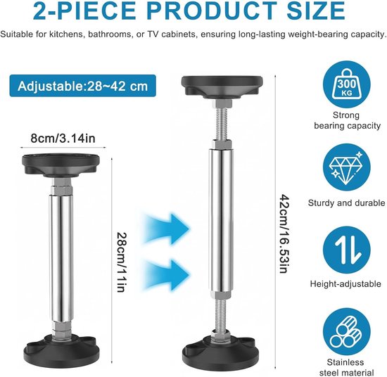2 stuks, 28-42 cm, in hoogte verstelbare telescoopsteun, belastbaar tot 300 kg, verstelbare steunstang met antislip rubberen pads voor meubelmontage (28-42 cm) — afbeelding 2