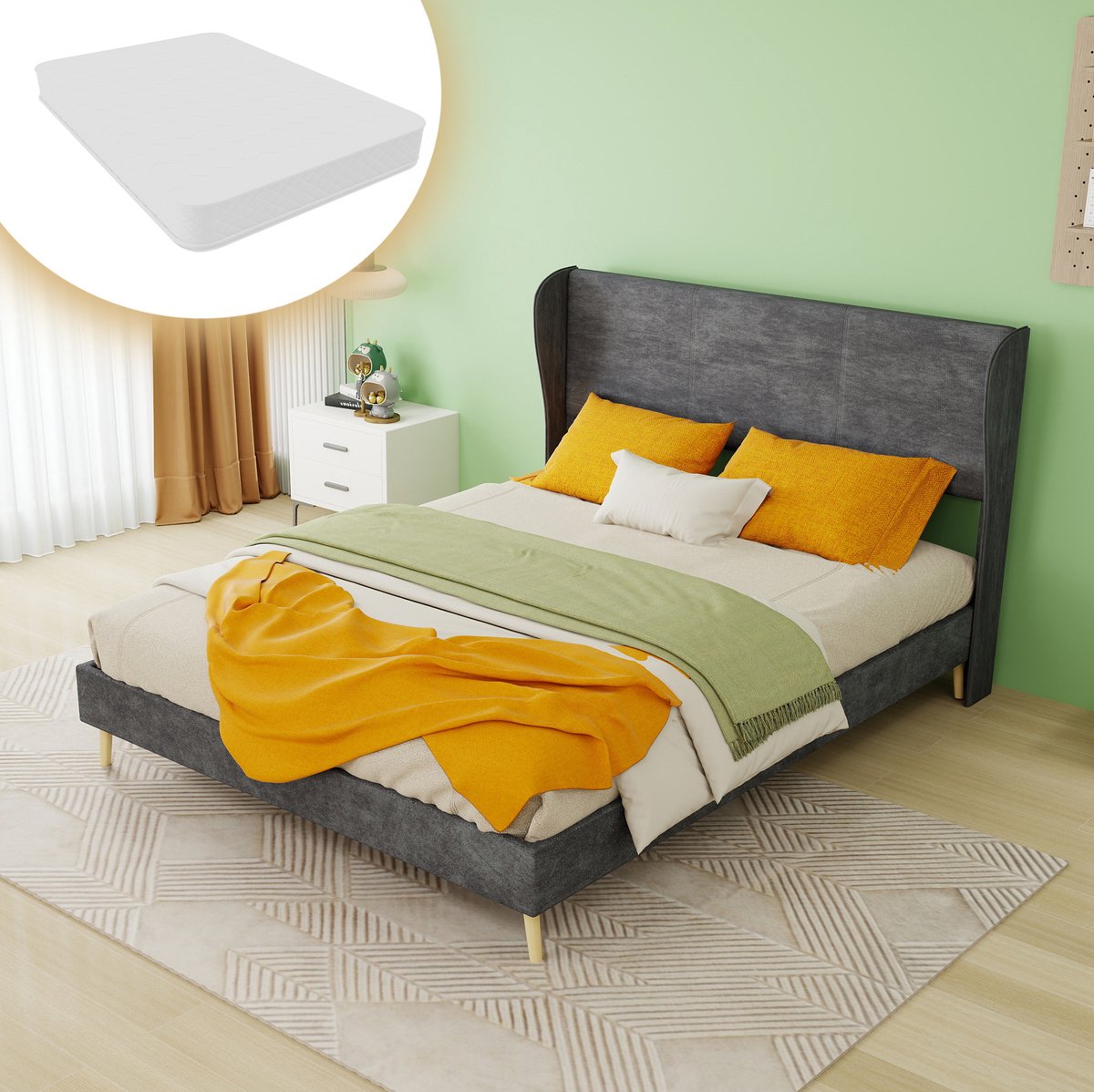 REDOM Gestoffeerd bedframe - Zacht hoofdbord - Lattenbodem - Zonder opbergruimte - Moderne stijl - Slaapkamer - Stof en metaal - Grijs - 140 x 200 cm