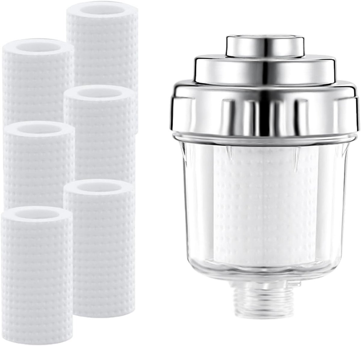 Efficiënte douchewaterfilter met 6 verwisselbare filterelementen voor alle standaard douchekoppen, verwijdert verontreinigingen en verbetert waterkwaliteit