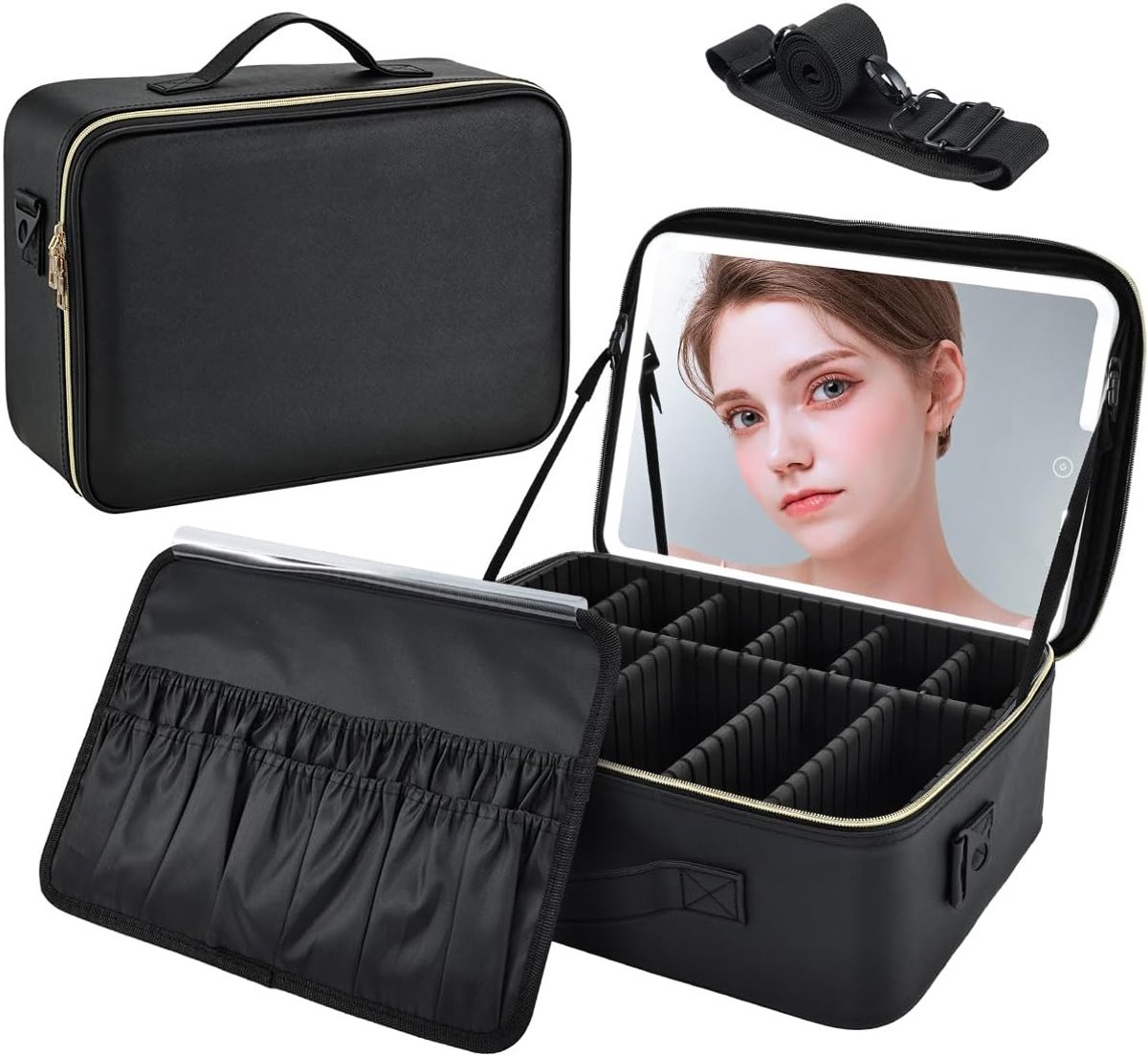 Cosmeticakoffer voor dames, met make-upspiegel, led, 3 kleuren, make-uptas met grote capaciteit, ideaal voor op reis, Zwart-L, Elegant en functioneel