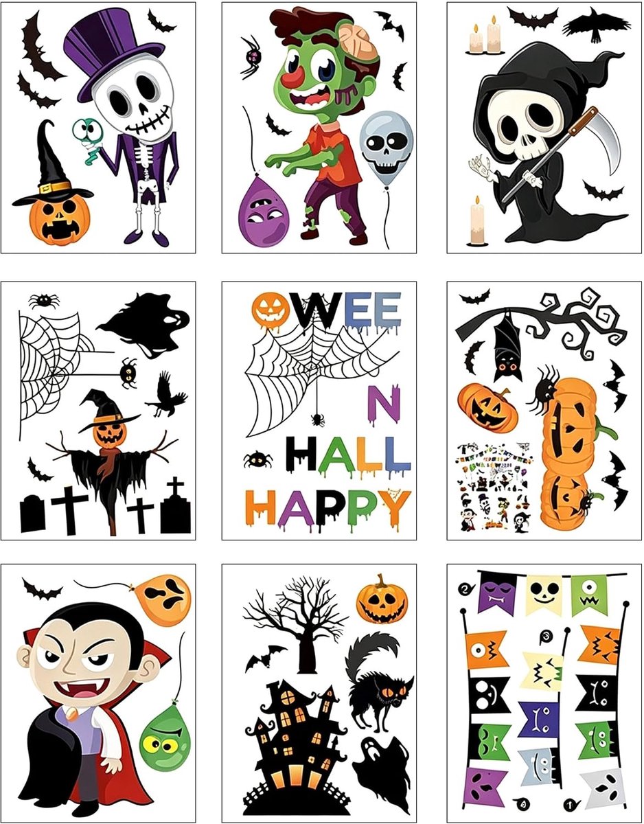 Raamstickers, 9 vellen, raamafbeeldingen, pompoen, spinnennet, vleermuis, statisch hechtende raamdecoratie voor ramen en deuren, Halloween-decoratie voor kamer, feest