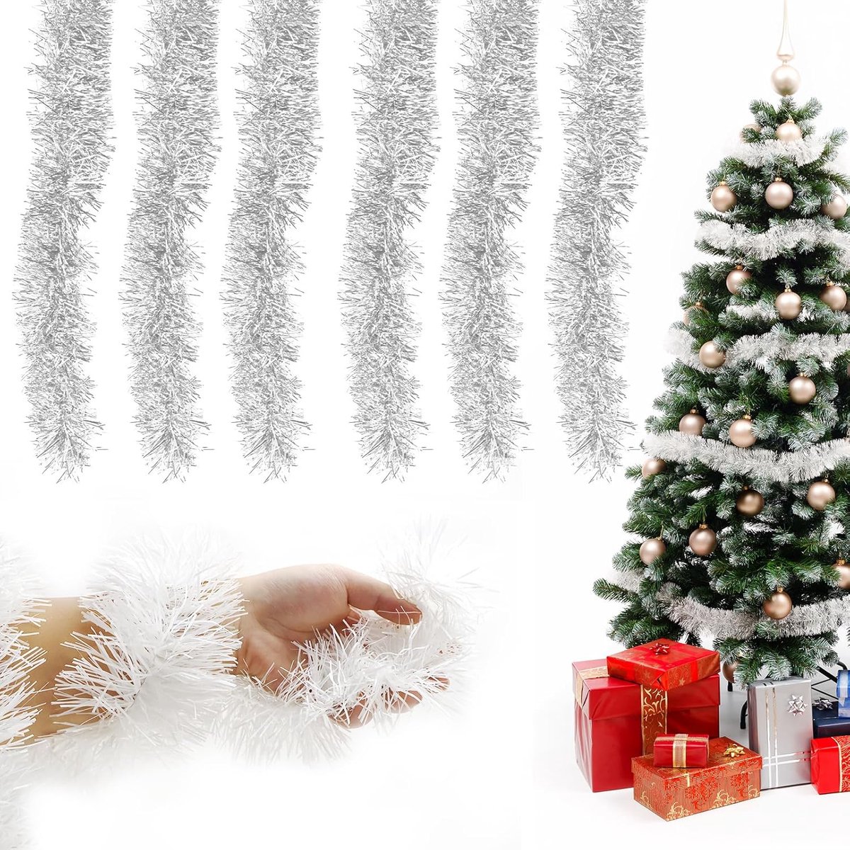Garland, 6 pieces, Christmas tree decoration, 12 m, shiny, wedding, holiday, party, decoration (silver) - ShopVlot