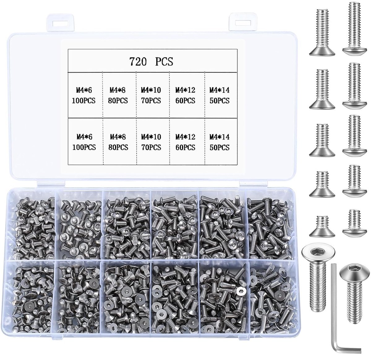 Complete Set van 720 Stuks M4 RVS Inbusbouten en Verzinkte Schroeven voor Diverse Toepassingen