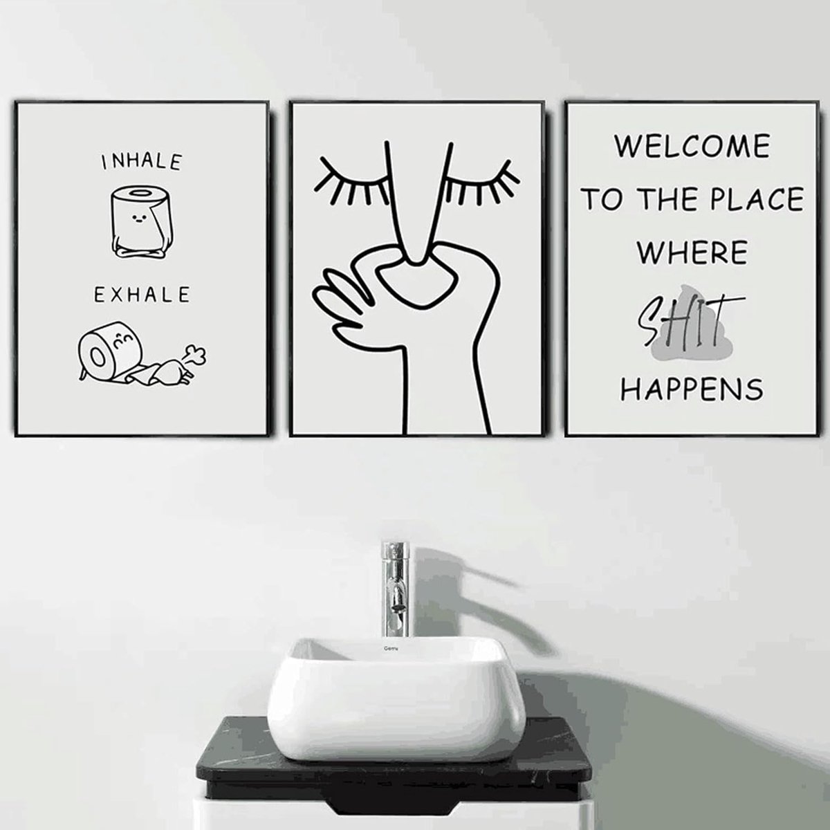 ED-Lumos Oningelijste canvasprint set van 3 toiletafbeeldingen voor toilet en badkamer polyester A4 21 x 30 cm - ShopVlot